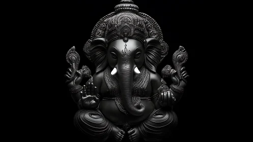 Monochrome 3D Ganesha icon in symmetric sculptural relief.
