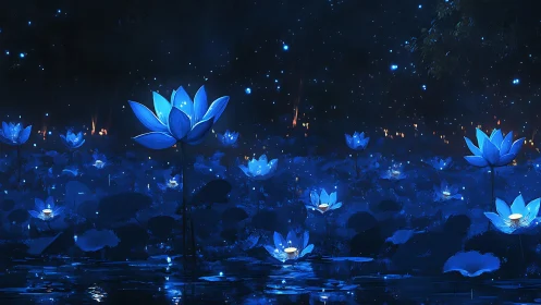 Luminous blue lotus field glows across midnight water.