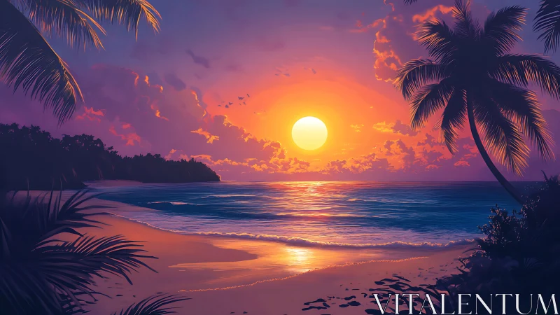 High-saturation tropical sunset over palm-framed reflective shoreline