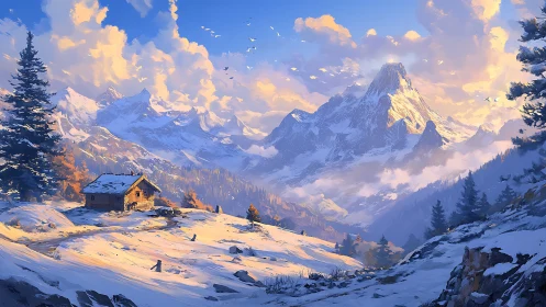 Snow-covered mountain valley with cabin under clear sky.