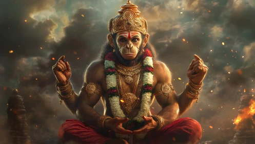 Majestic monkey deity in golden armor against stormy sky.