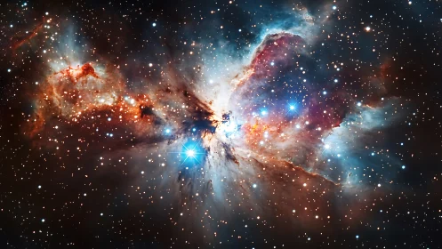 Stellar nursery glows in colorful interstellar dust clouds.