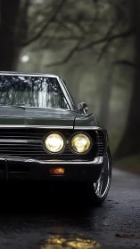 Low-angle telephoto view isolates vintage sedan front in wet forest
