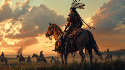 Sunset rider overlooking mounted warriors on misty plains.