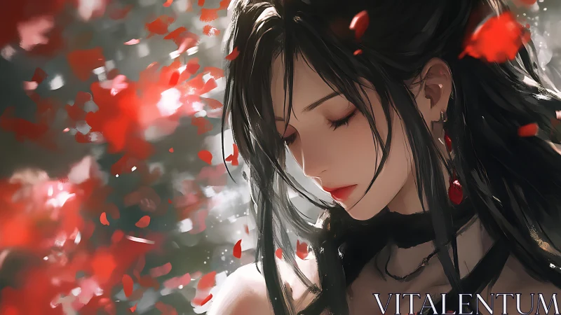 Female profile in soft-focus red petals environment.