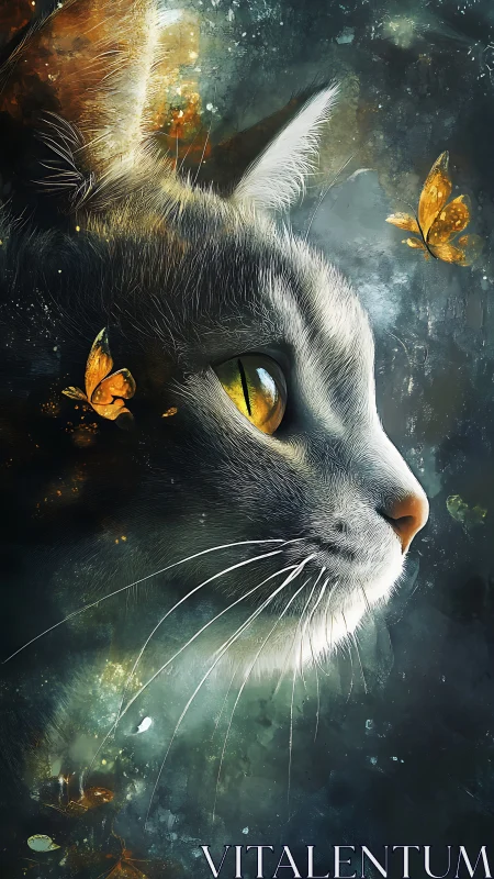 Feline Portrait with Butterfly Elements and Luminous Effects.