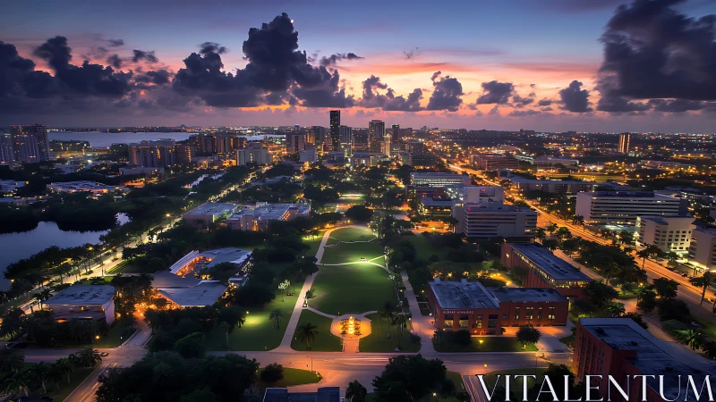 Urban skyline overlooks illuminated city park at dusk