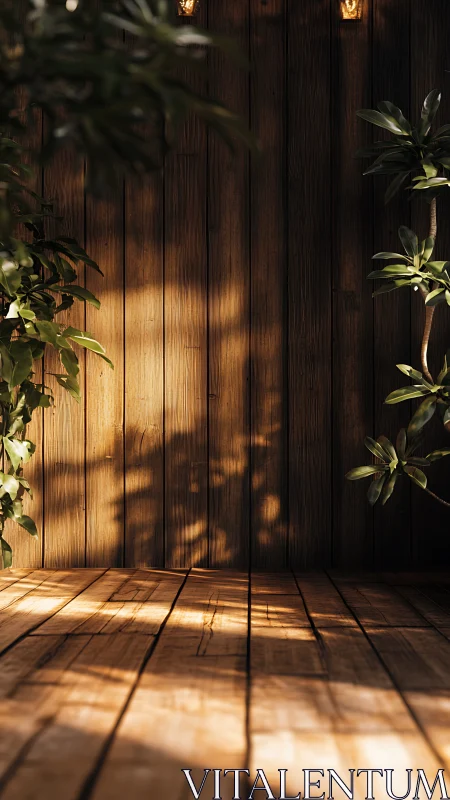 Sunlit wooden terrace with leafy plant shadows and depth.