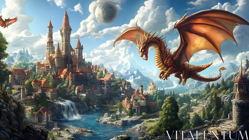 Majestic dragon circles sprawling castle city in sunlight.