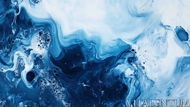 Abstract blue and white fluid art painting with swirling patterns.
