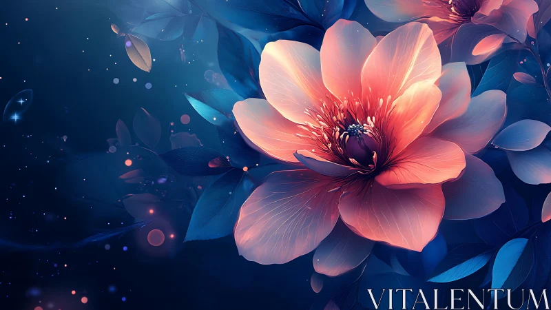 Digital rendering of luminescent flower with particle effects.