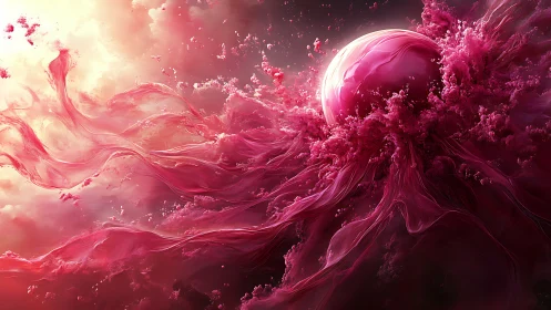 Abstract pink sphere with flowing liquid energy forms.