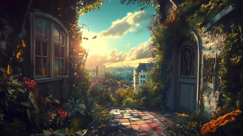 Overgrown terrace gateway overlooks glowing sunset city