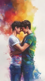 Two male subjects rendered with chromatic watercolor dissolution and layered emotional intensity