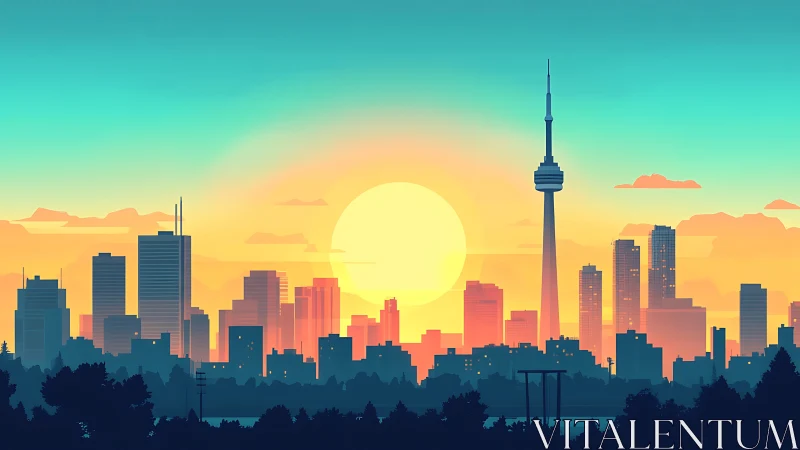 Vibrant city skyline glows under a serene pastel sunset