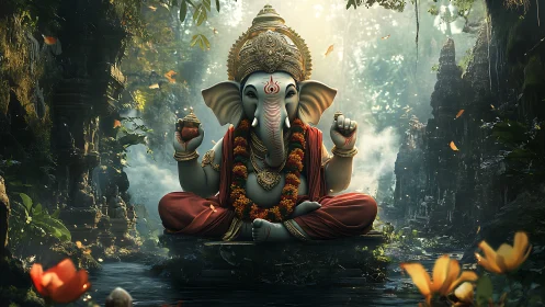 Majestic Ganesha deity rendered in luminous rainforest digital art