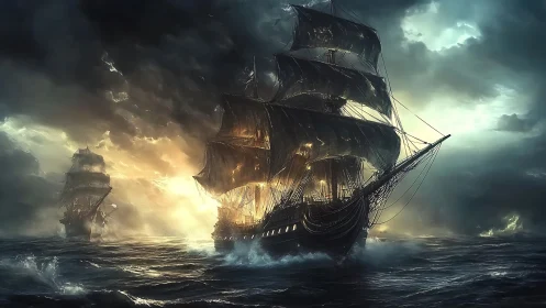 Storm-lashed three-masted galleons under dramatic backlit sky