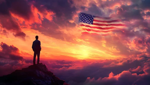 Lone dreamer meets a soaring American flag at molten sunset.