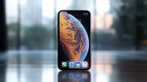 Photorealistic smartphone product shot with reflective surface focus.