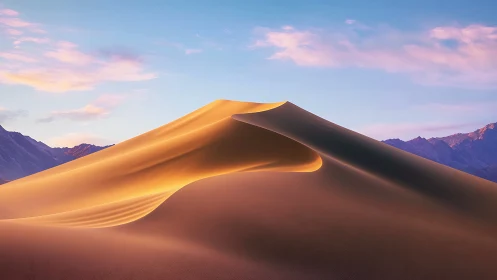 Sunlit desert dune ridge under clear pastel evening sky.