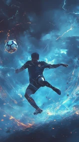 Dynamic footballer suspended in electrified storm vortex