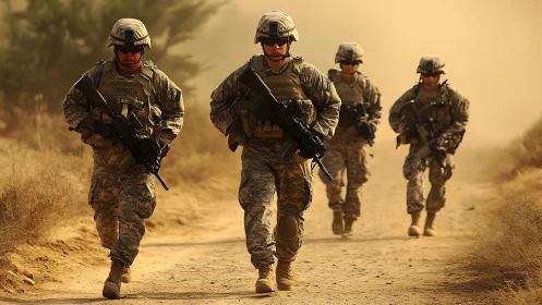 Confident soldiers walk together along a dusty desert trail
