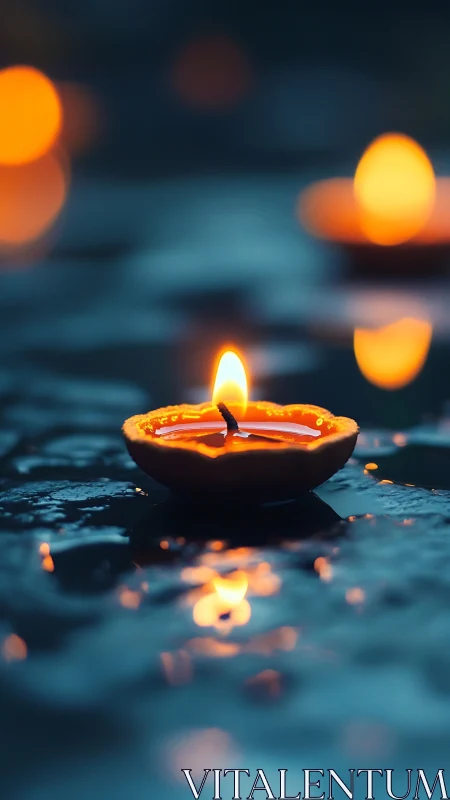 Shallow depth-of-field captures single floating diya on wet surface