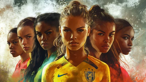 Defiant women’s football line-up in bold painterly light.
