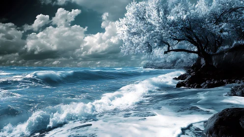 Coastline shows breaking waves under dense clouds and icy trees