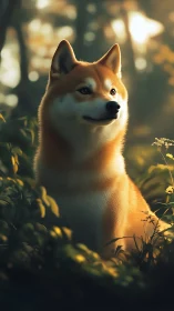 Shiba dog portrait in golden forest bokeh lighting composition.