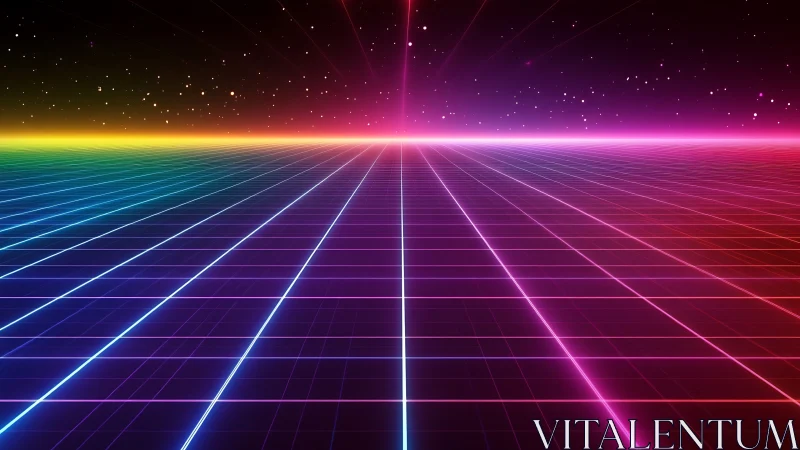Neon grid horizon with starfield in retro digital landscape.
