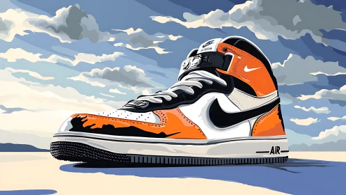 Illustrated orange Nike sneaker under stylized sky.