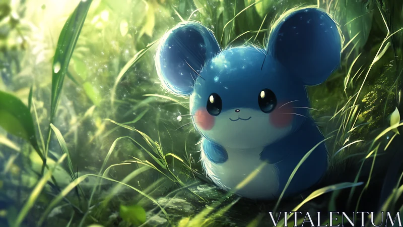 Blue mouse creature in luminous forest grass, soft bokeh light.