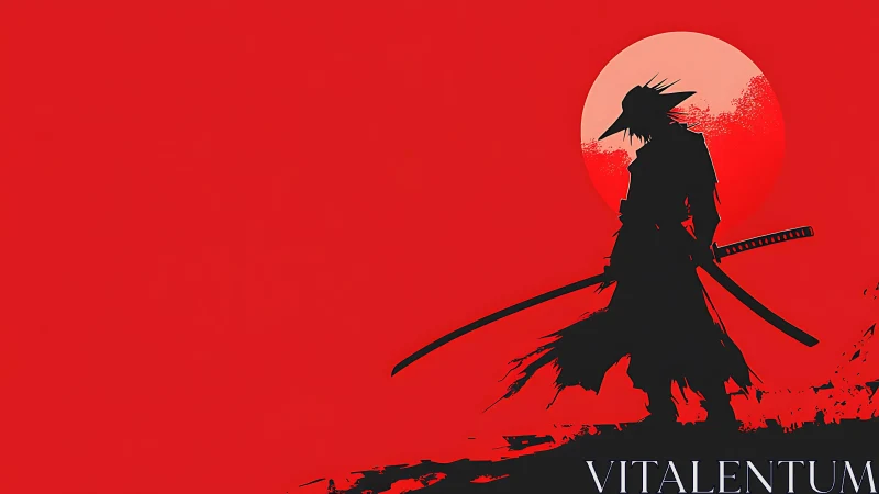 Lone shadowed samurai beneath a burning crimson sun.