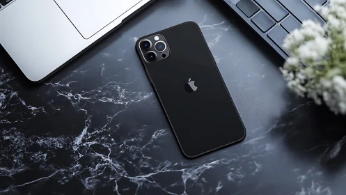 Black iPhone 12 Pro on Marble Desk with Laptop and Plants