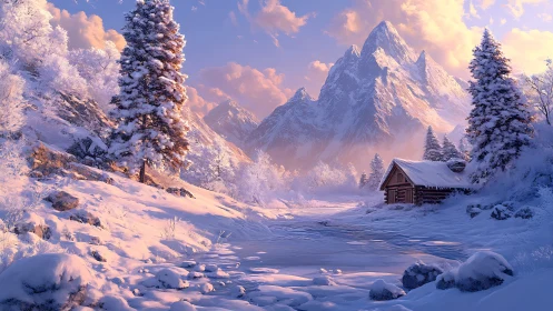 Winter mountain cabin basks in soft pink sunrise glow of snow
