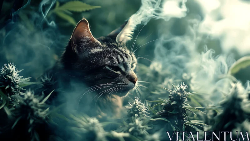 Tabby Cat Surrounded by Ethereal Smoke and Thistle Plants