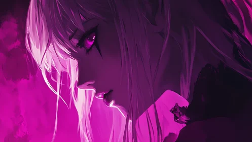 Neon-lit anime girl gazes into shadowed distance thoughtfully.