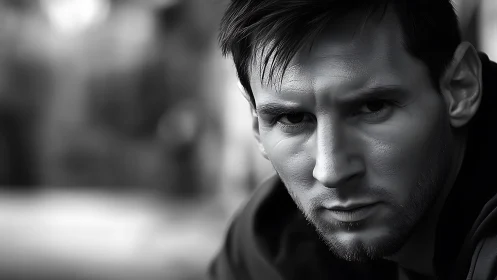 Monochrome close-up portrait shows focused male face