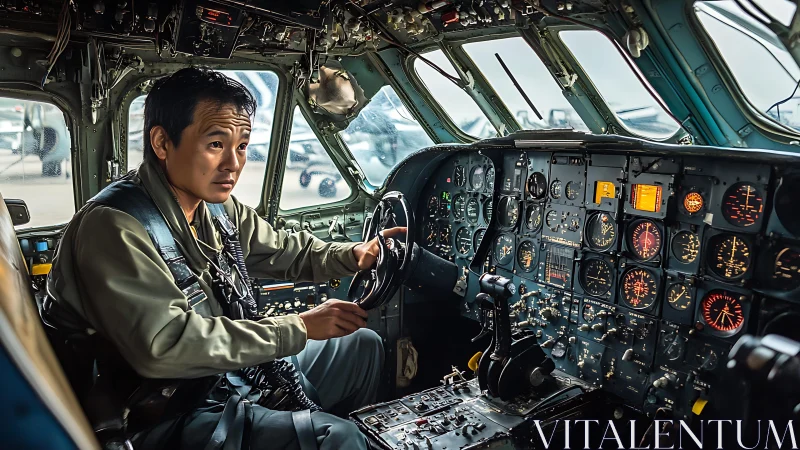 Pilot seated in classic analog aircraft cockpit interior.
