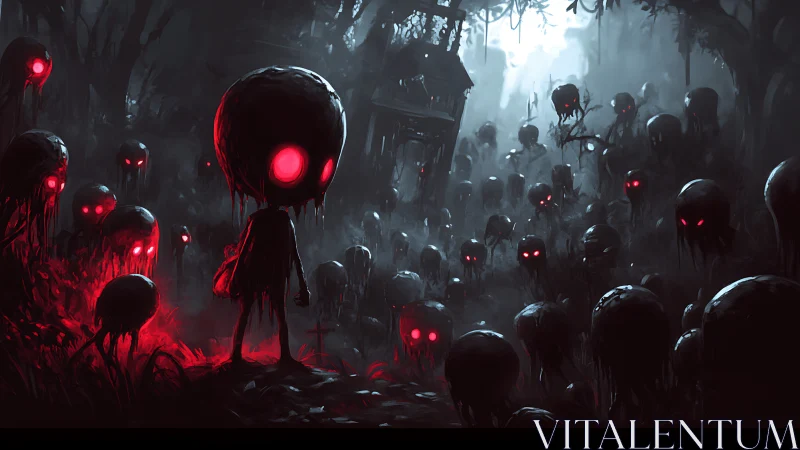 Night forest filled with glowing red-eyed shadow figures.