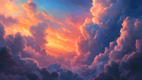 Sunset fire ignites towering clouds in radiant skyscape.