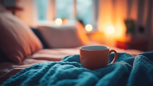 Warm ceramic mug on cozy bed with soft evening bokeh.