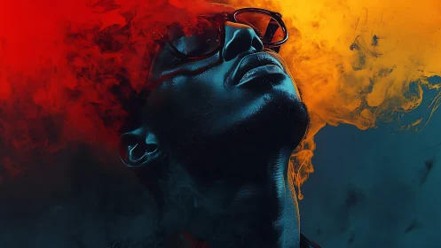 Digital portrait under red and yellow smoke clouds.