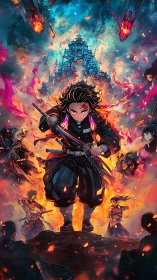 Blade-bright avenger strides through a sky of burning embers.