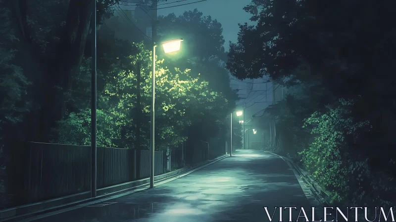 Midnight lane washed in hush and electric misted glow.