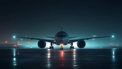 Midnight jet waiting on a misty, glowing runway poised.