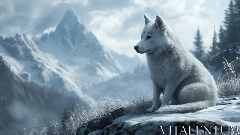 Snowy white wolf resting quietly above misty mountain valley.