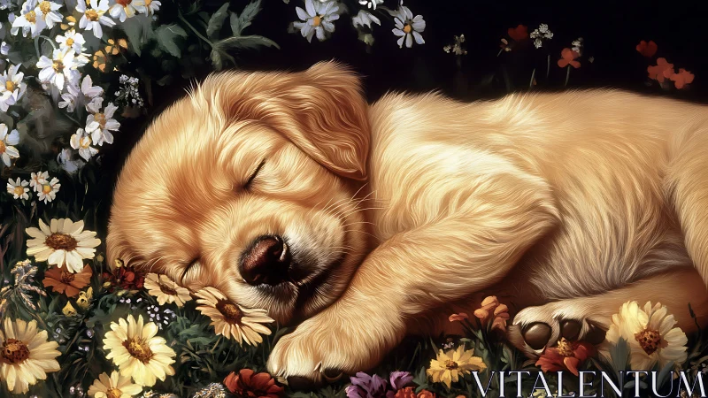 Golden puppy enjoys a peaceful nap in a soft flower meadow
