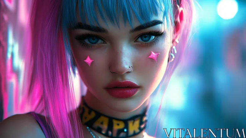 Neon-lit cyberpunk portrait shows stylized female character